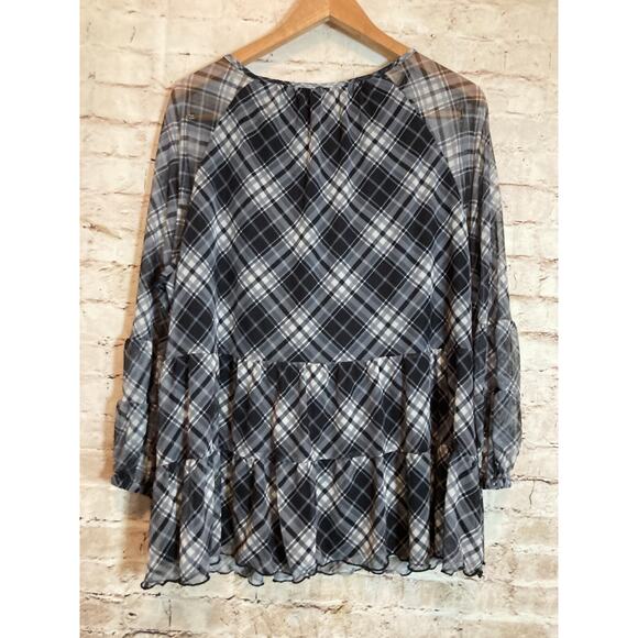 Terra & Sky Babydoll Top Womens 1X Gray Plaid Mesh Balloon Sleeve Ruffle Boho - Picture 10 of 12